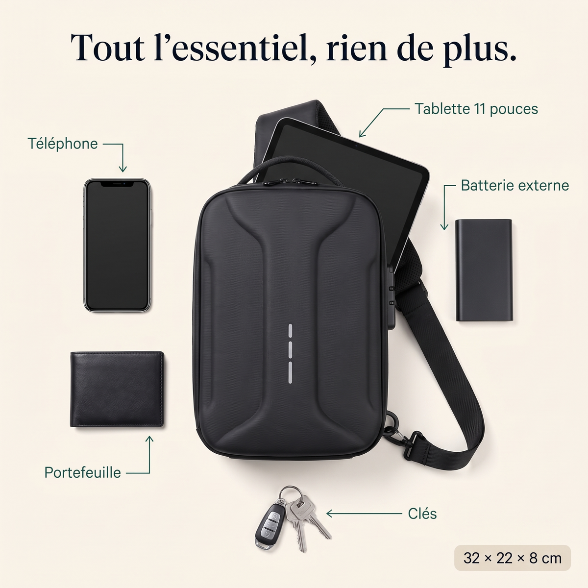 Capacité du sac : téléphone, portefeuille, clés, batterie, tablette 11 pouces