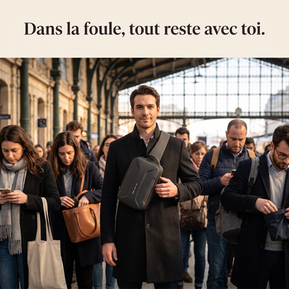 Dans la foule, tout reste avec toi : sac de poitrine antivol à code porté devant, en gare