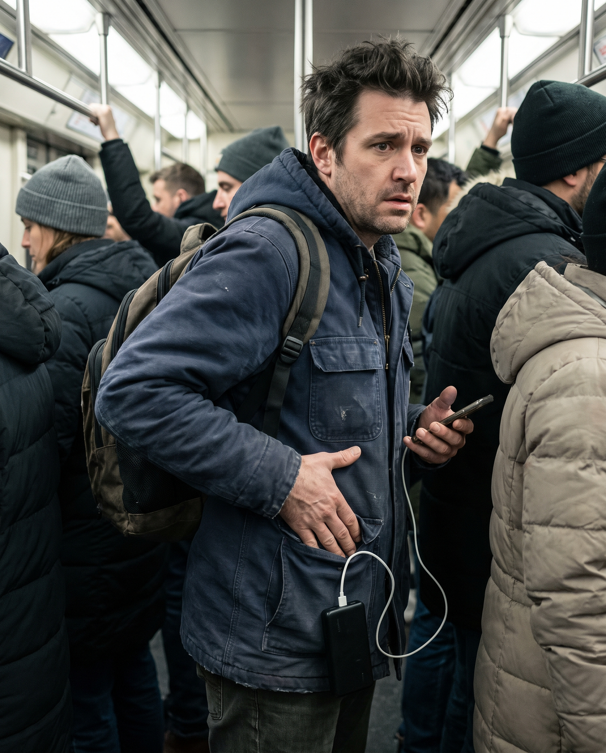 Avant : poches pleines et sac à dos