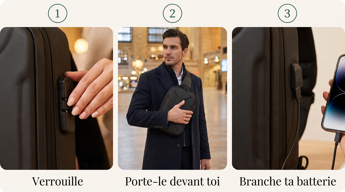 Verrouille, porte-le devant toi, branche ta batterie